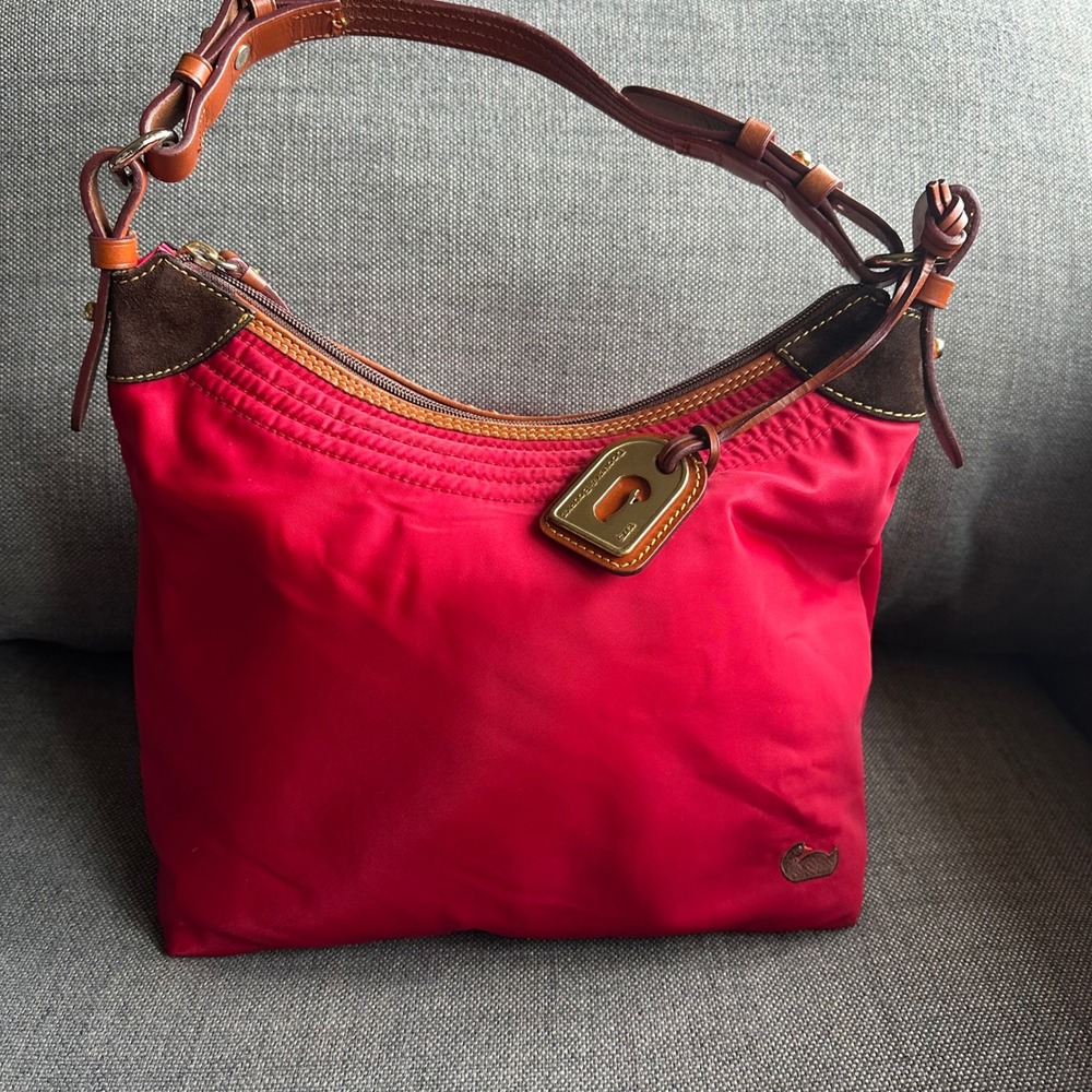 Dooney & Bourke Red Nylon Hobo Bag Leather Trim Suede Accents J3395651
